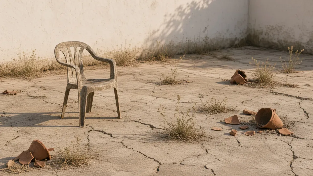 Cracked concrete yard with weeds, broken pots and a plastic chair