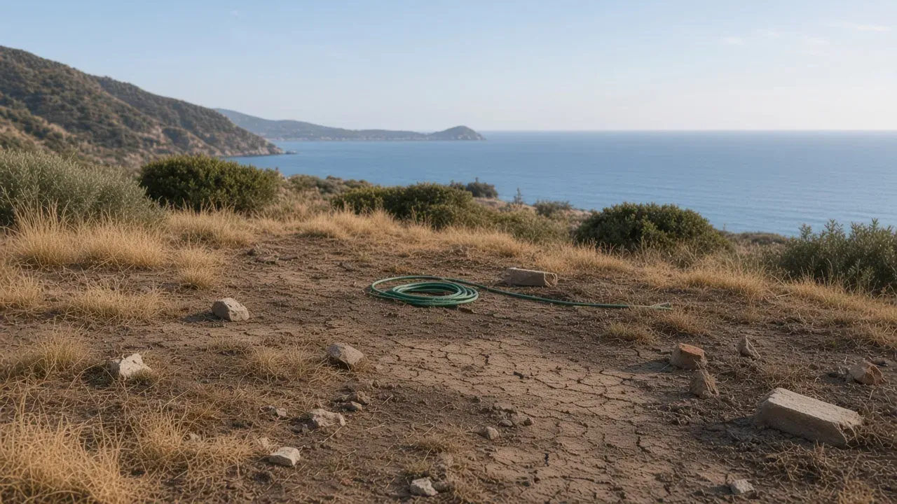 Scorched ground with rubble and a hose on a slope above the sea