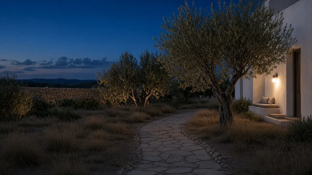 The same path at dusk, dark apart from one bulb on the house wall