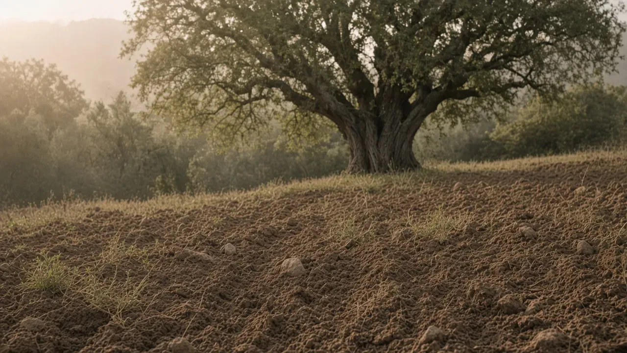 Bare ploughed field with stones around an old carob tree
