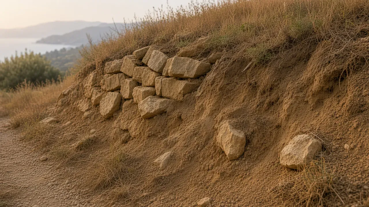 Eroded slope with a collapsed old stone wall and loose earth