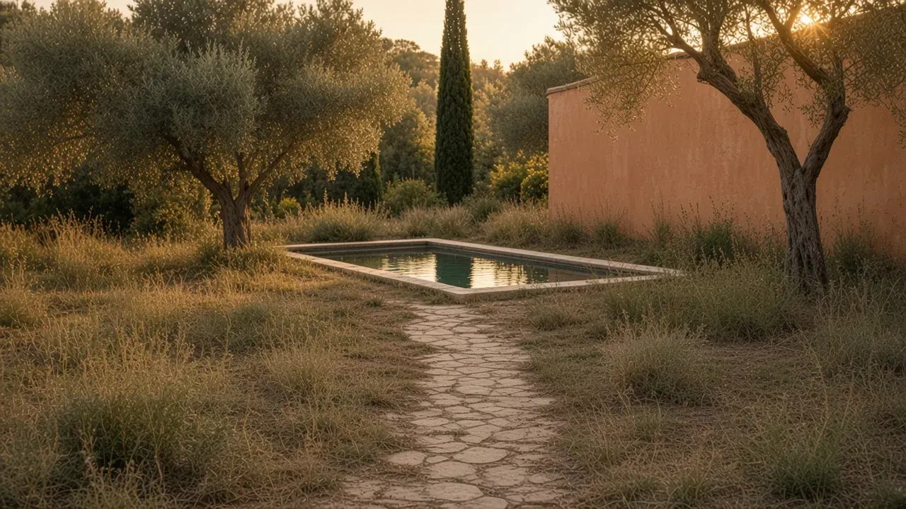 Dry, patchy grass and a cracked path leading to the pool