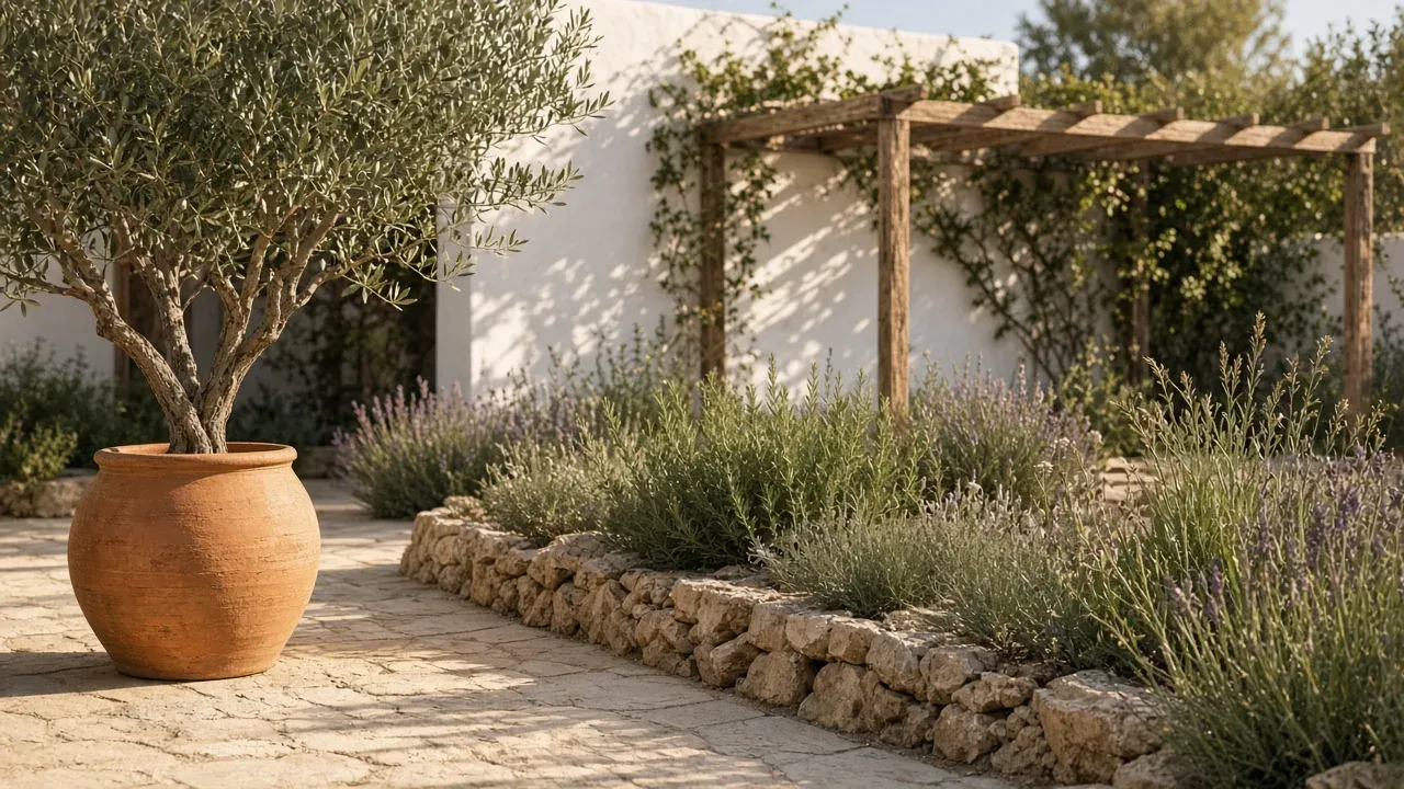 Courtyard terrace with an olive tree, lavender beds and a pergola