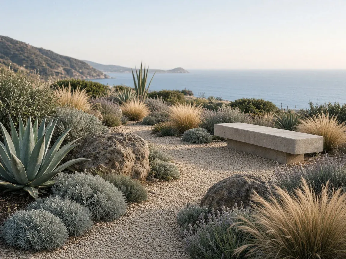 Gravel garden with agave and grasses above the sea