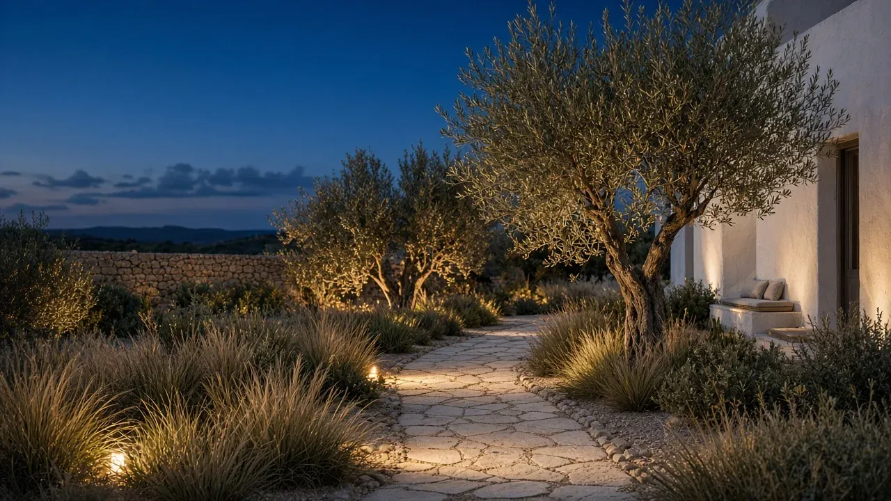 Garden path lit at dusk between olive trees and grasses