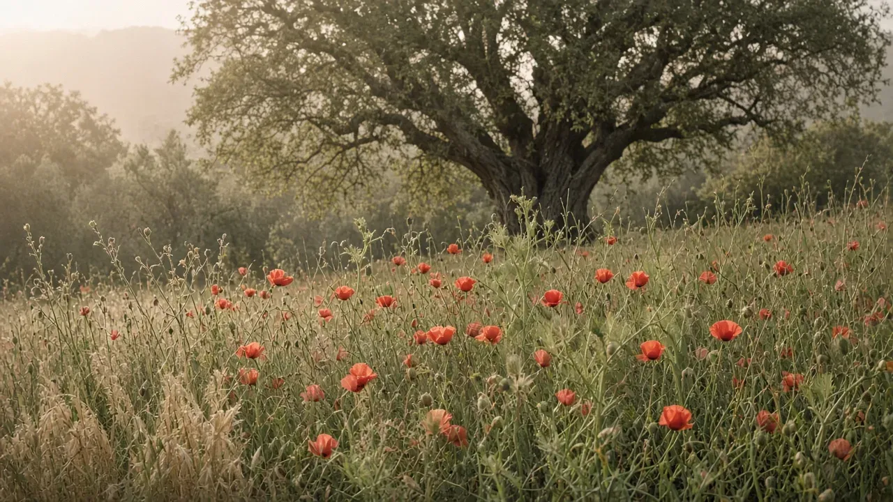 Wild meadow of grasses and poppies under an old carob tree
