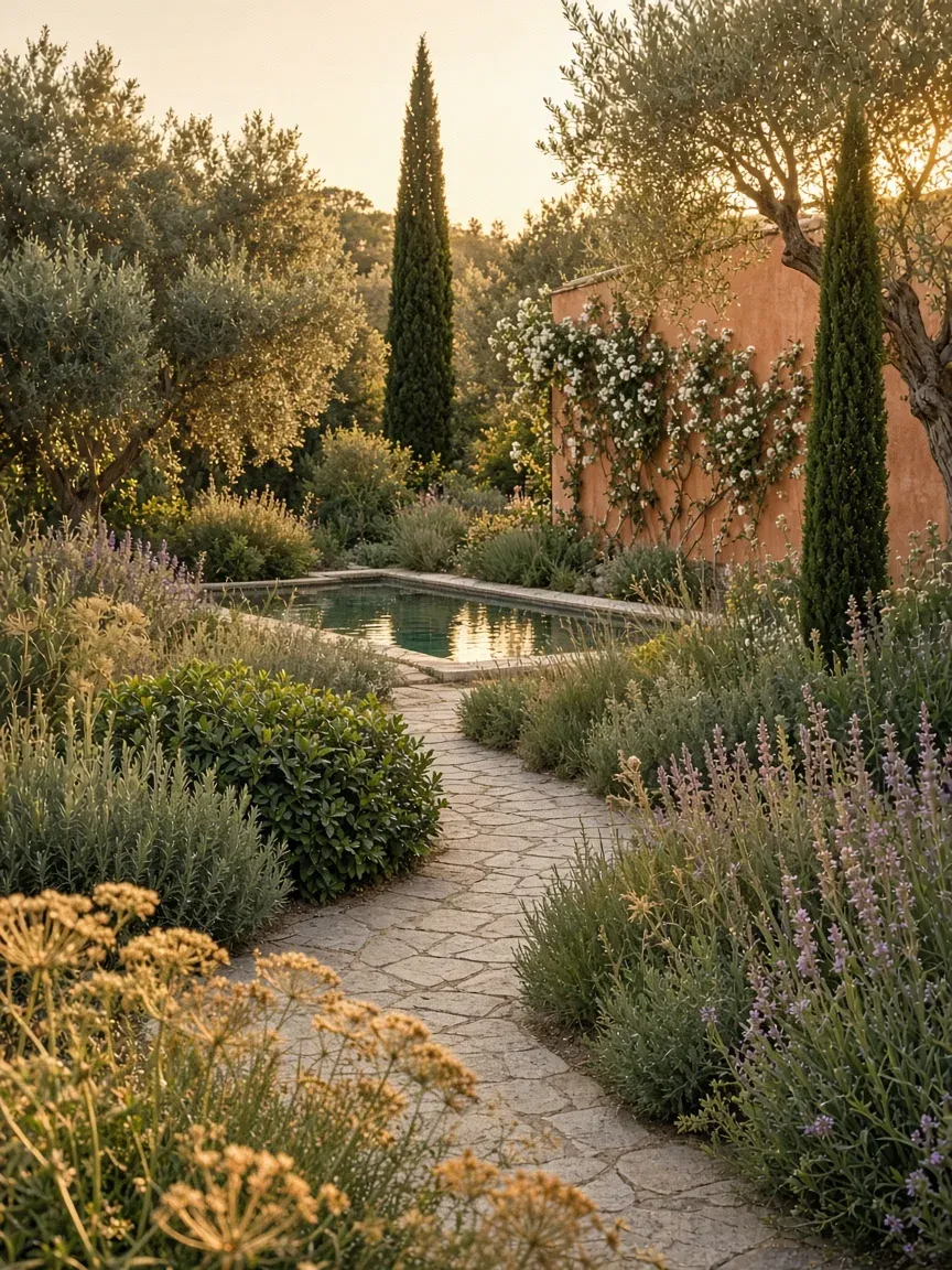 Stone path through olive trees and lavender towards a long pool